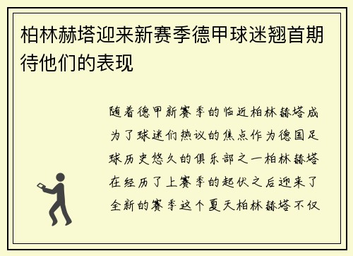 柏林赫塔迎来新赛季德甲球迷翘首期待他们的表现
