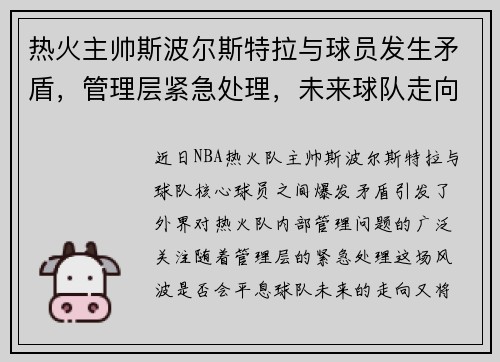 热火主帅斯波尔斯特拉与球员发生矛盾，管理层紧急处理，未来球队走向成谜